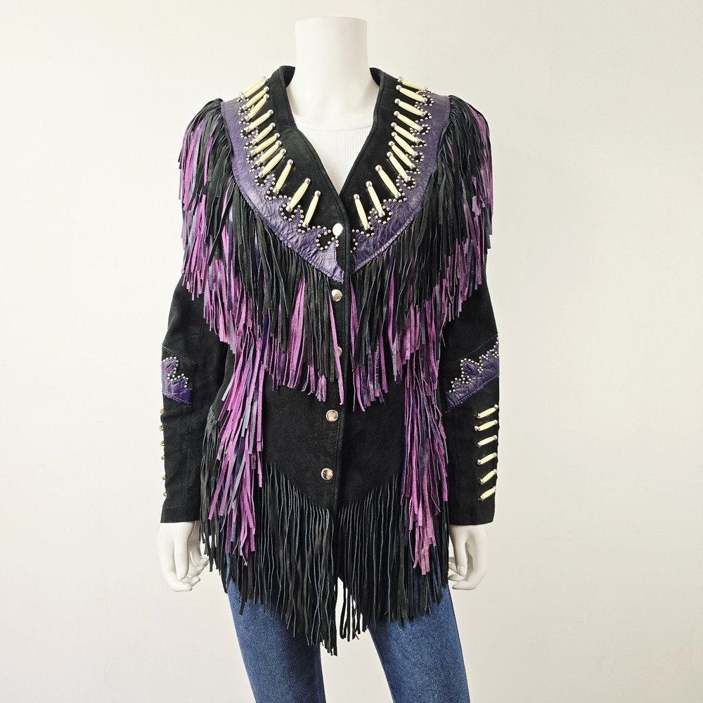 Leather Gallery Western Fringe Suede Jacket Cowgirl Southwest Beaded Size M Snap - Picture 2 of 15